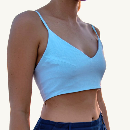 100% Linen Cropped Top Blue