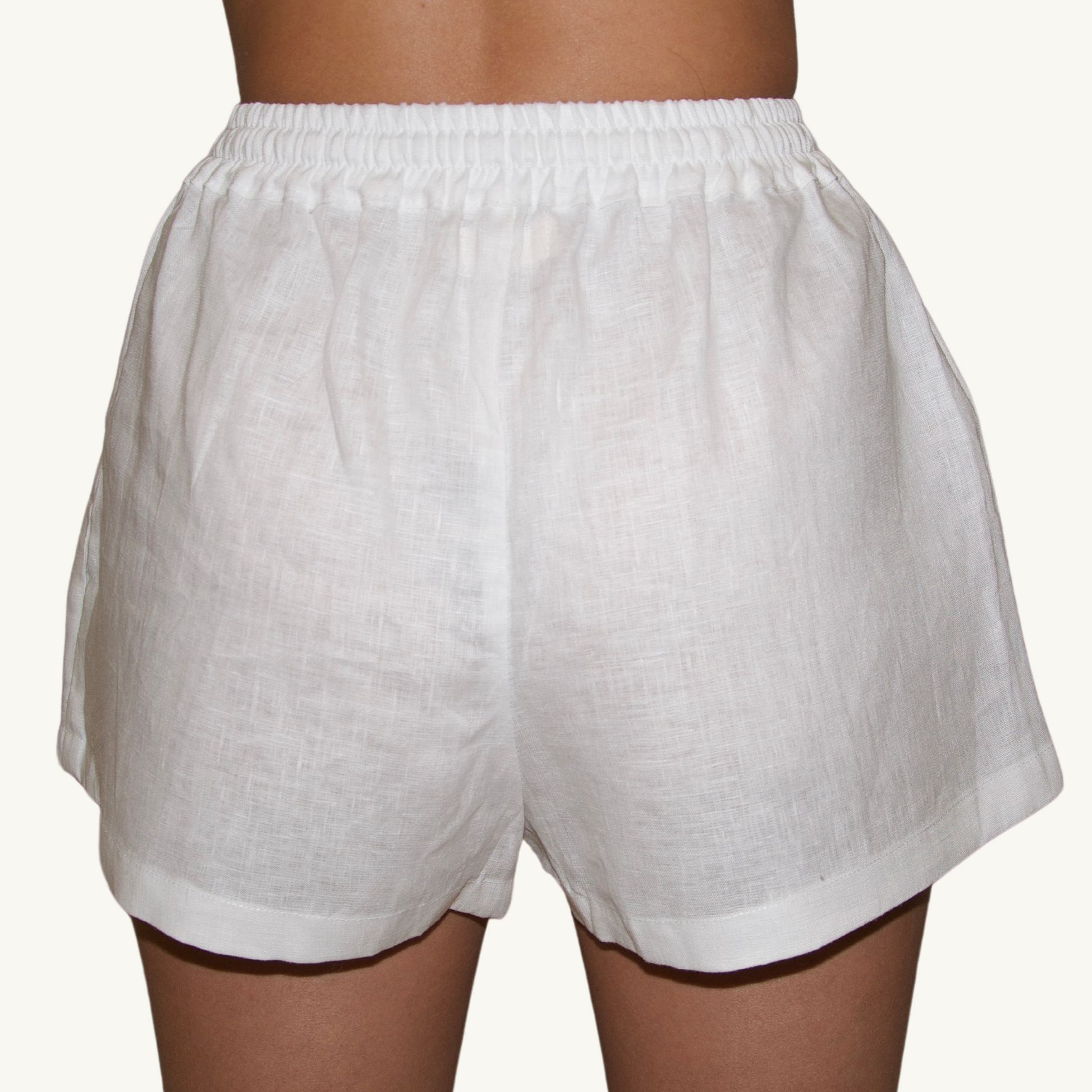 Pure white 2-inch linen shorts, crafted from lightweight, breathable fabric, ideal for casual and summer wear.