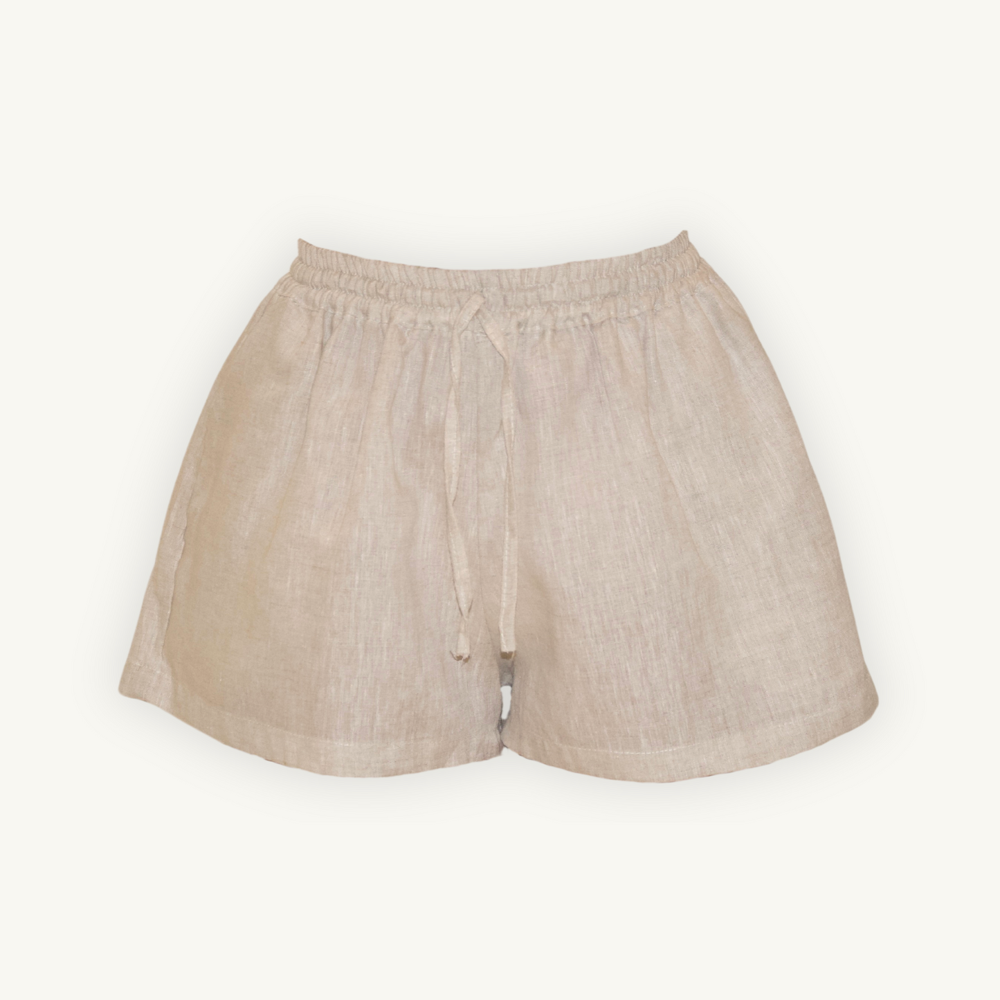 Natural beige 2-inch linen shorts, crafted from lightweight, breathable fabric, ideal for casual and summer wear.