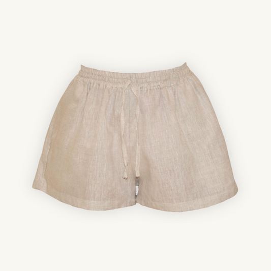 Natural beige 2-inch linen shorts, crafted from lightweight, breathable fabric, ideal for casual and summer wear.